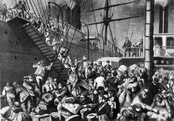 A dense nineteenth-century engraving of emigrants with bundles boarding a steamship by a gangway.