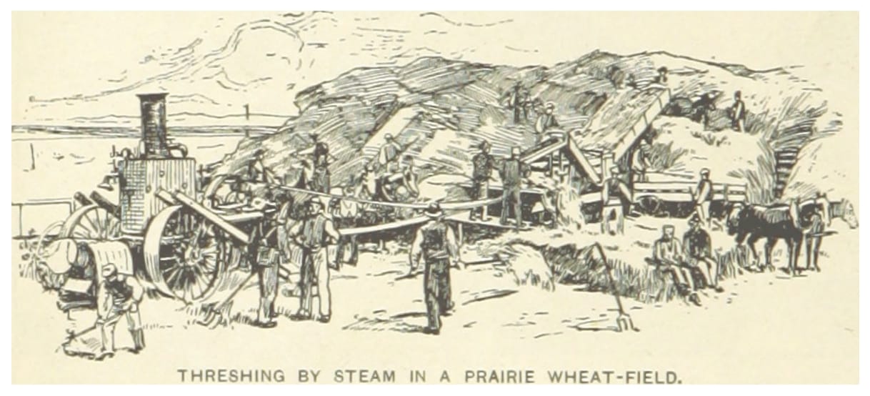 An 1891 engraving of a steam engine driving a threshing machine beside a huge straw stack, with a crew of men and a team of horses.