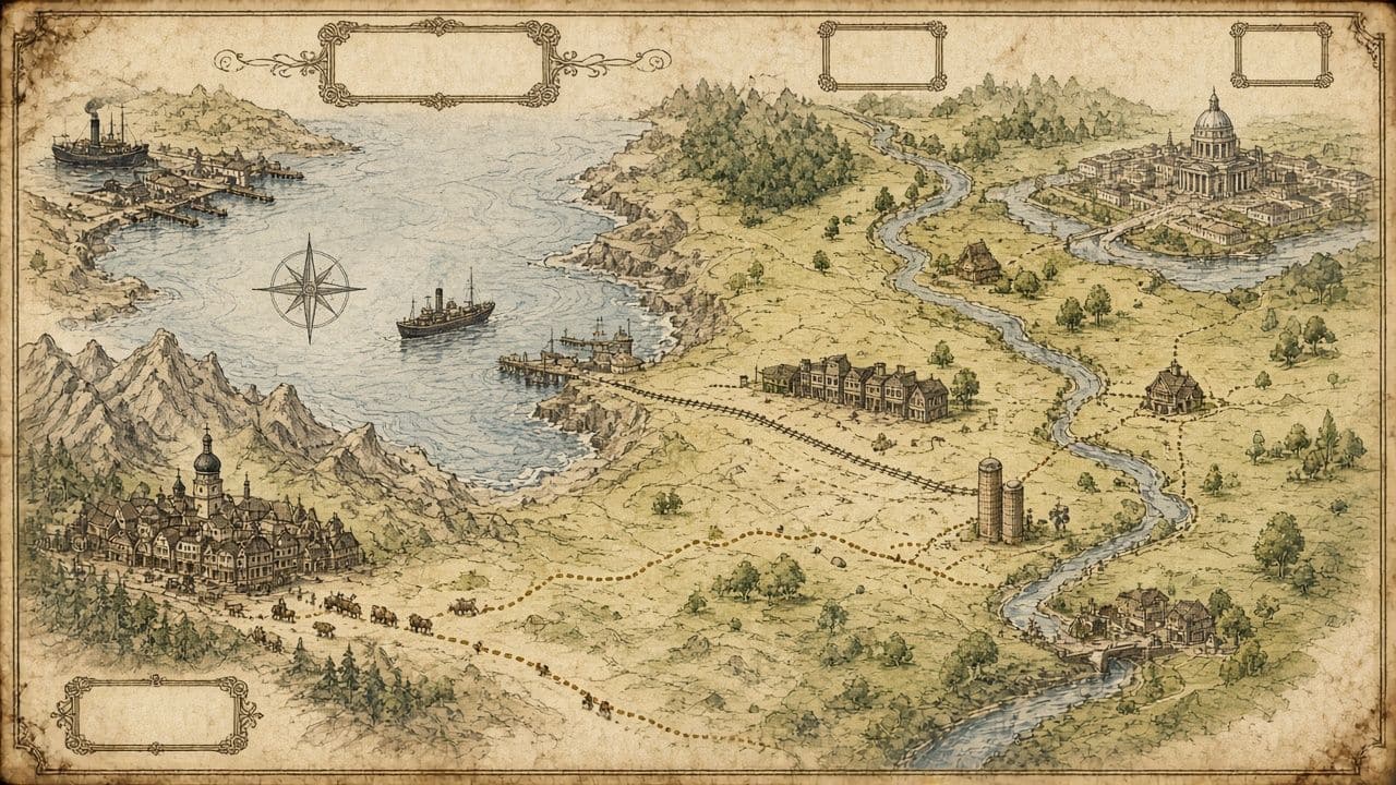 An unlettered parchment journey map from a Galician town across the ocean to prairie settlements and a domed legislature.
