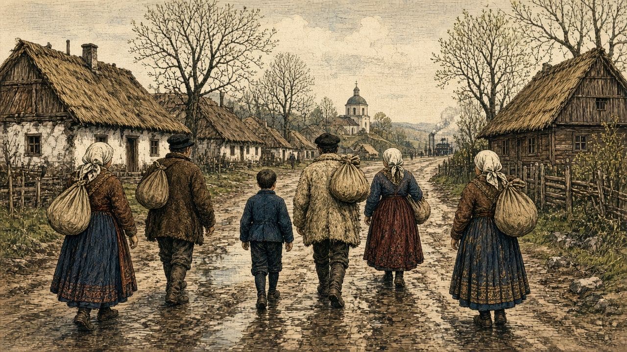 Villagers in 1890s Galician dress walk with a family toward a distant railway halt; a boy in a new suit is seen from behind.