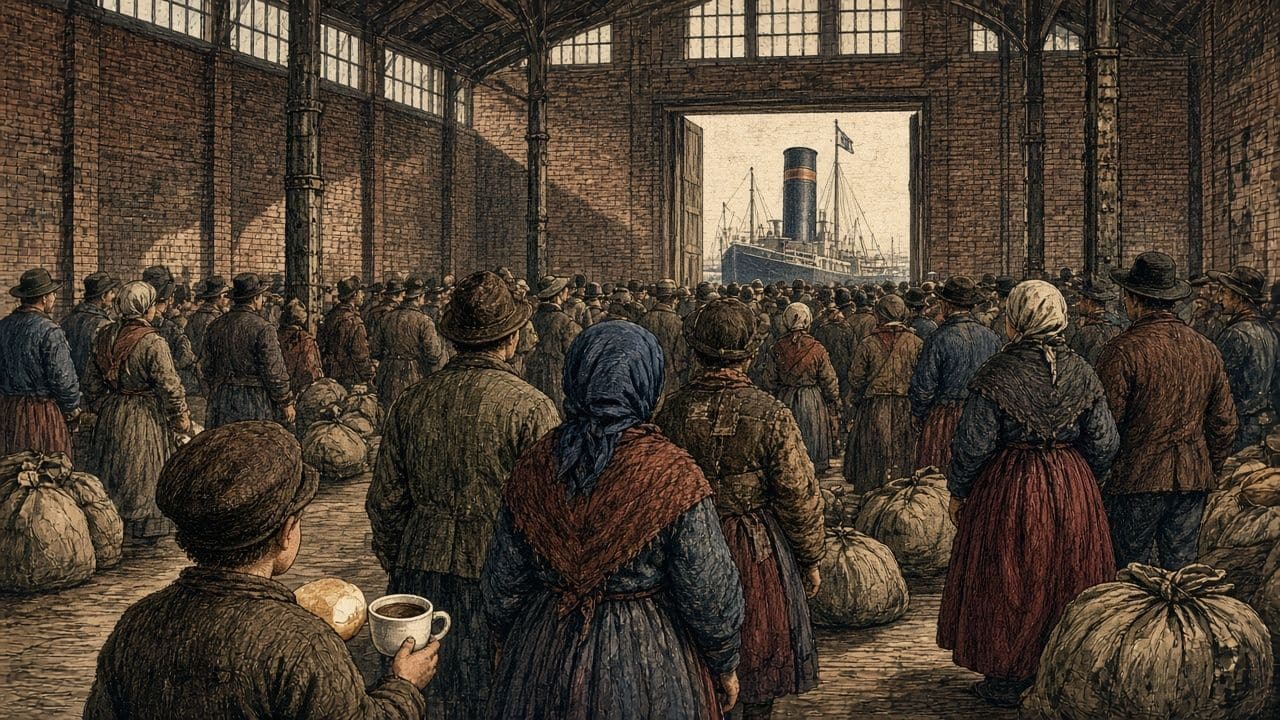 Inside a crowded 1890s emigrant hall, a child seen from behind holds a bun and a cup of coffee.