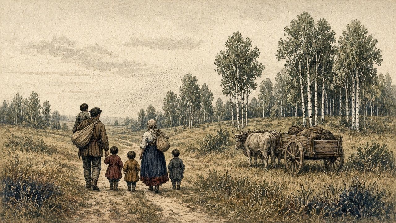 A family seen from behind walks a faint trail through aspen woods, carrying bundles, with a wagon stopped behind them.
