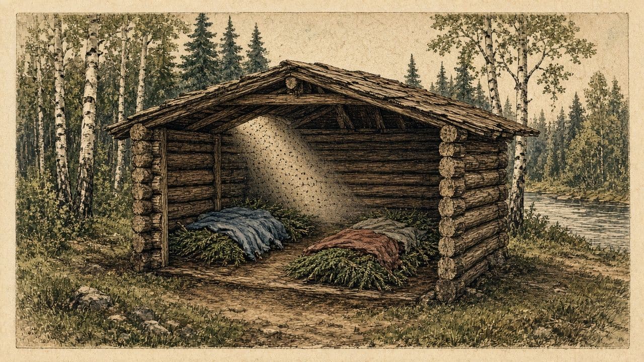 A low log hut with a bark roof and no windows, branch beds on the ground inside.