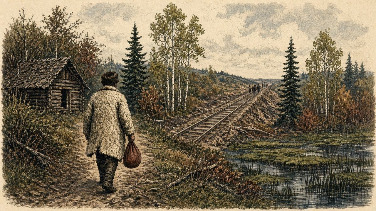 A man seen from behind walks a bush trail toward a distant railroad grade.