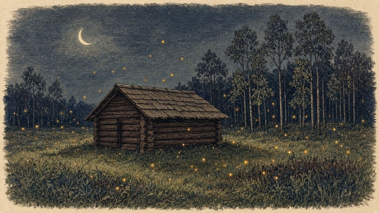 Fireflies glow over a dark bark-roofed hut in a clearing.