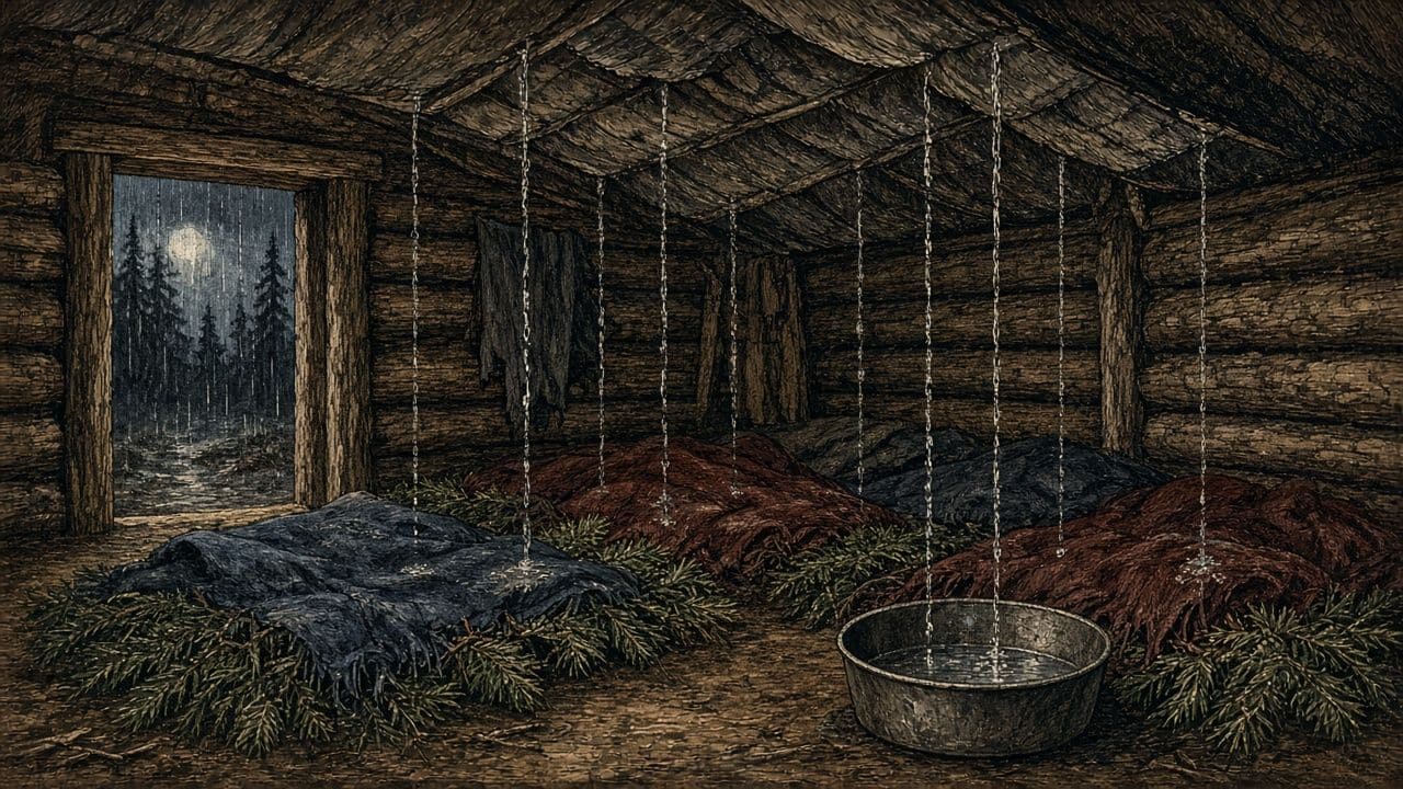 Rain leaking through a bark roof onto blankets and branch beds inside a dark hut.