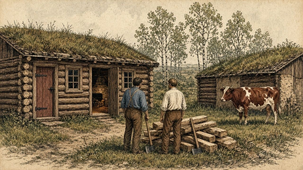 A hewed-log house with a sod roof, two windows, and a clay fireplace, with a cow and a log stable.