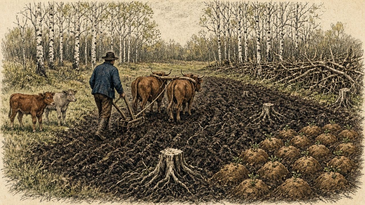 Oxen in a wooden yoke pull a walking plough through a small new breaking, with two calves nearby.