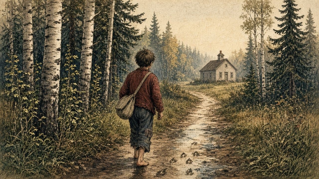 A barefoot boy seen from behind follows animal tracks on a bush trail toward a distant one-room school.