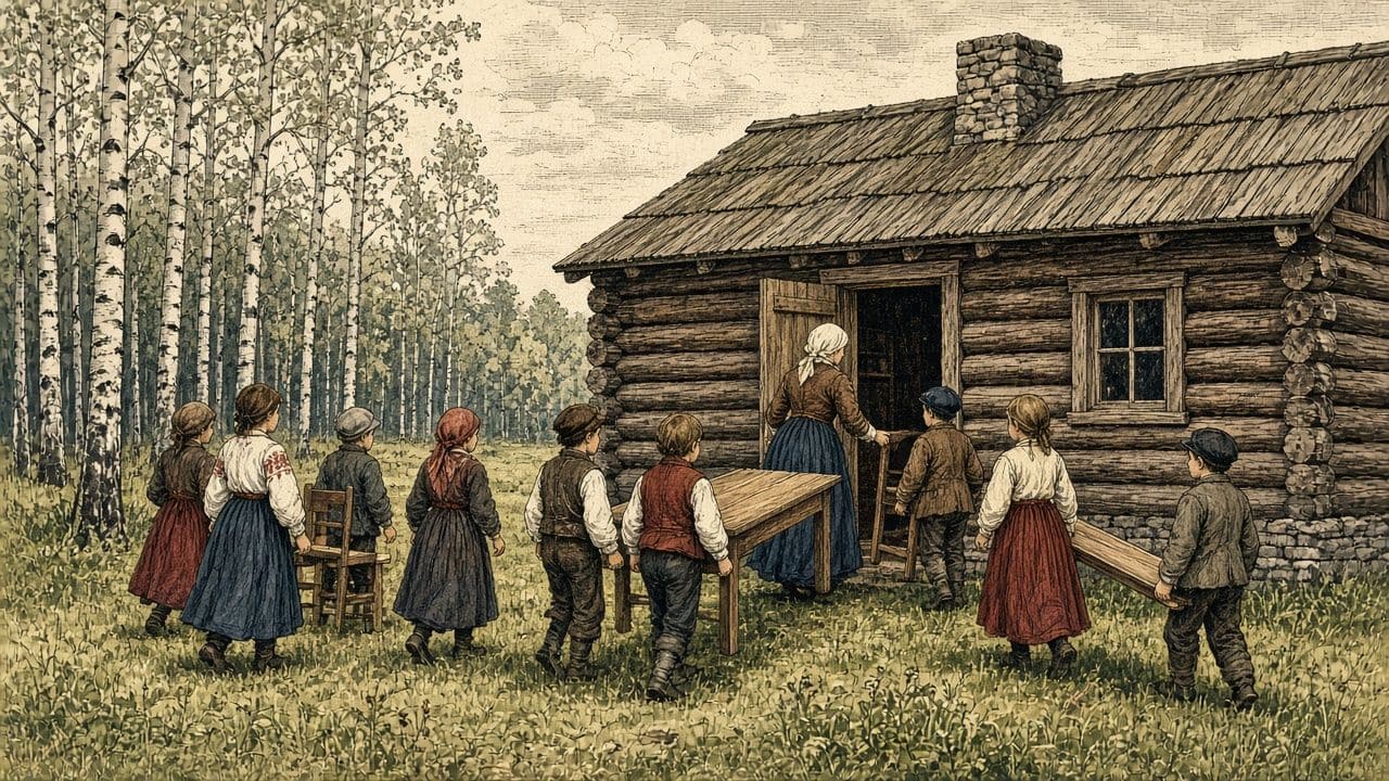 Pupils seen from behind carry furniture out of a log house to make a classroom.