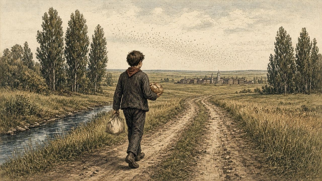 A boy seen from behind walks a long track toward a distant wooden town, carrying a loaf.