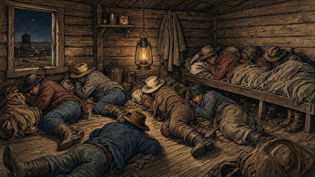 Many men asleep crowded on the floor of a tiny wooden shack, faces hidden.