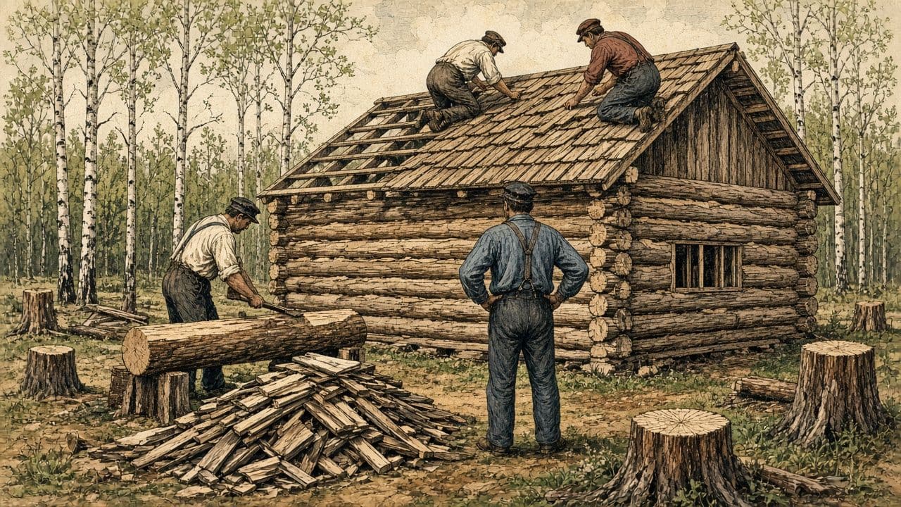 Men seen from behind raise a log school and cover the roof with split shingles.