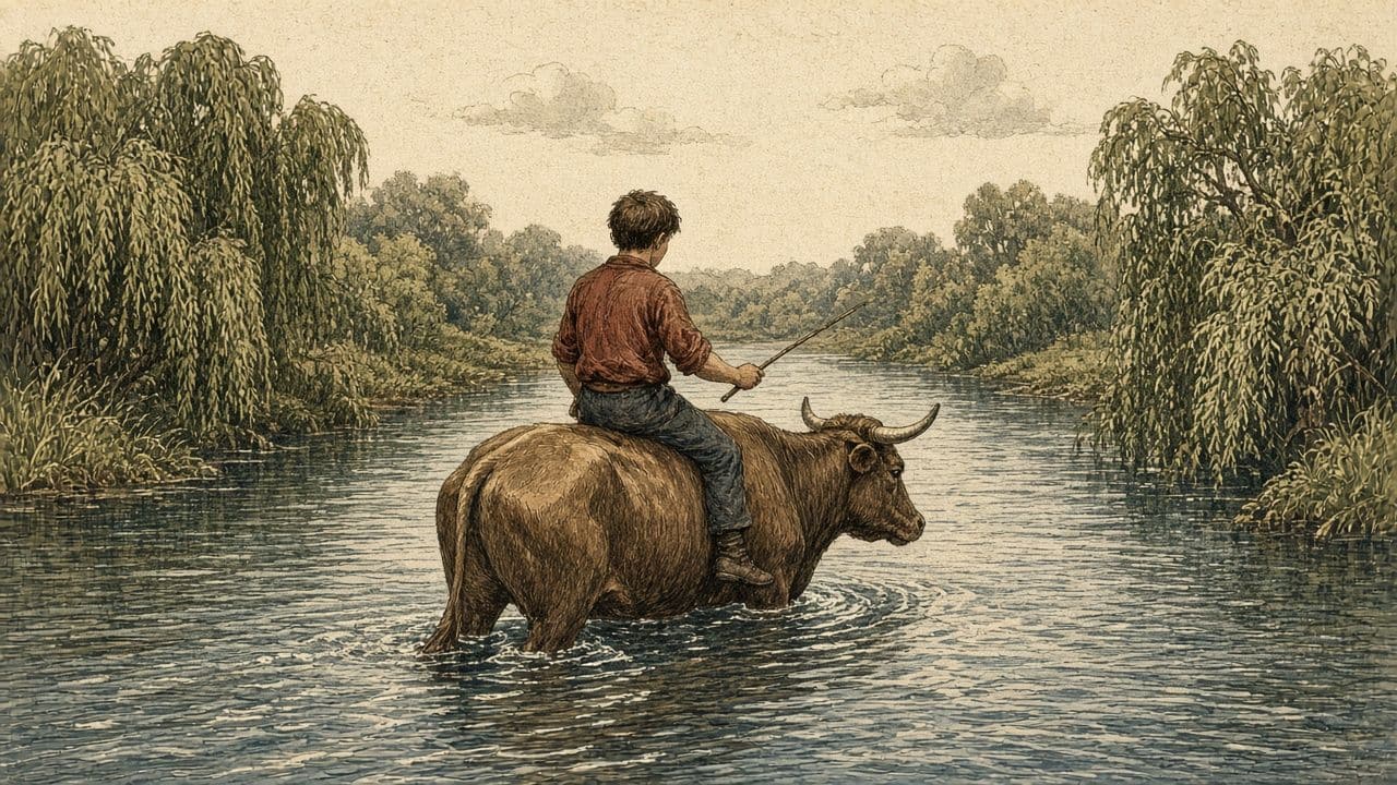 A boy seen from behind rides a horned ox through a river, guiding it with a switch.