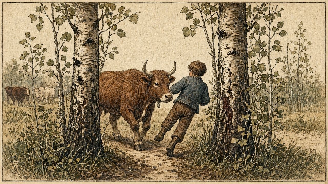 An ox runs between two close trees while a boy, seen from behind, slides off its back.