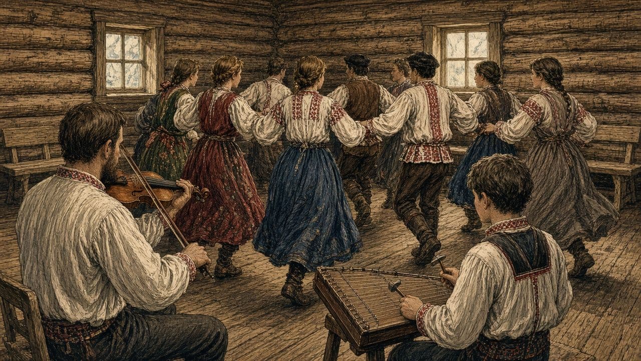 In a crowded log school, a violinist and a dulcimer player, seen from behind, play for dancers.