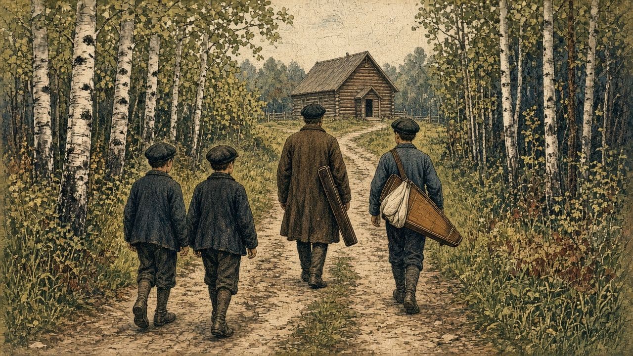Two boys and two musicians, seen from behind, walk a bush trail; one carries a violin case and one a wrapped dulcimer.