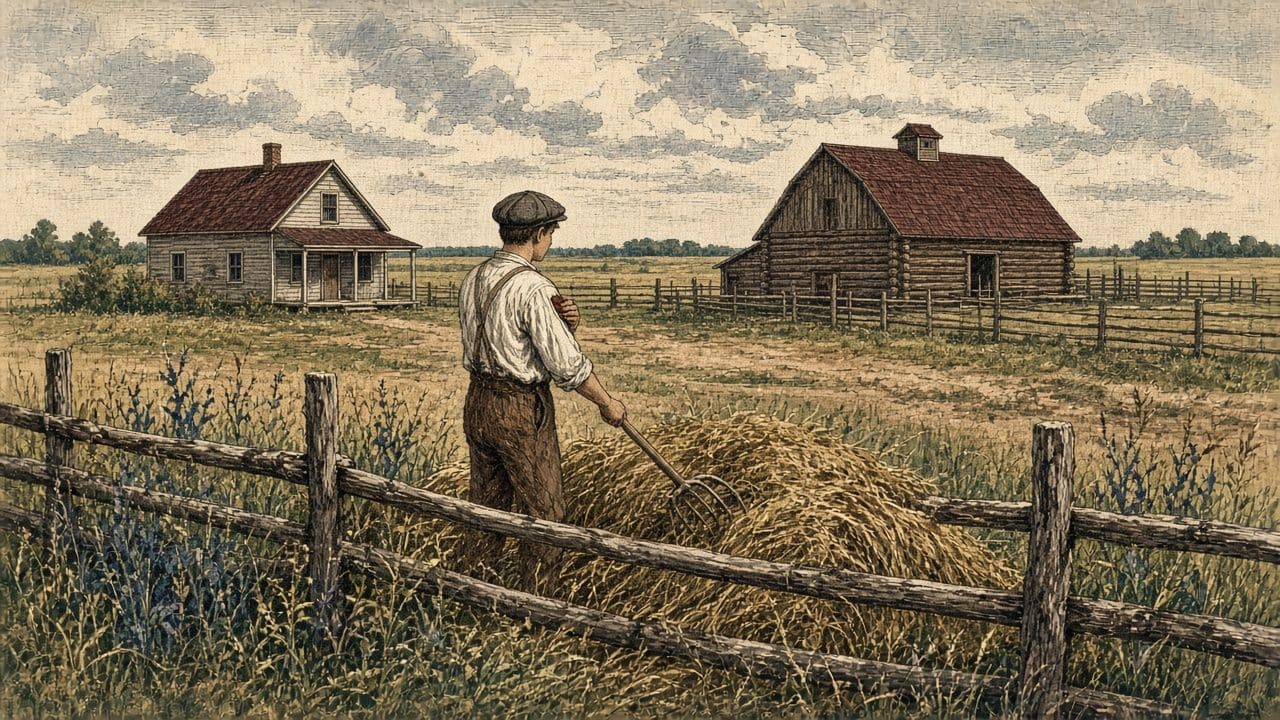 A teenage boy seen from behind forks hay and holds one folded banknote.
