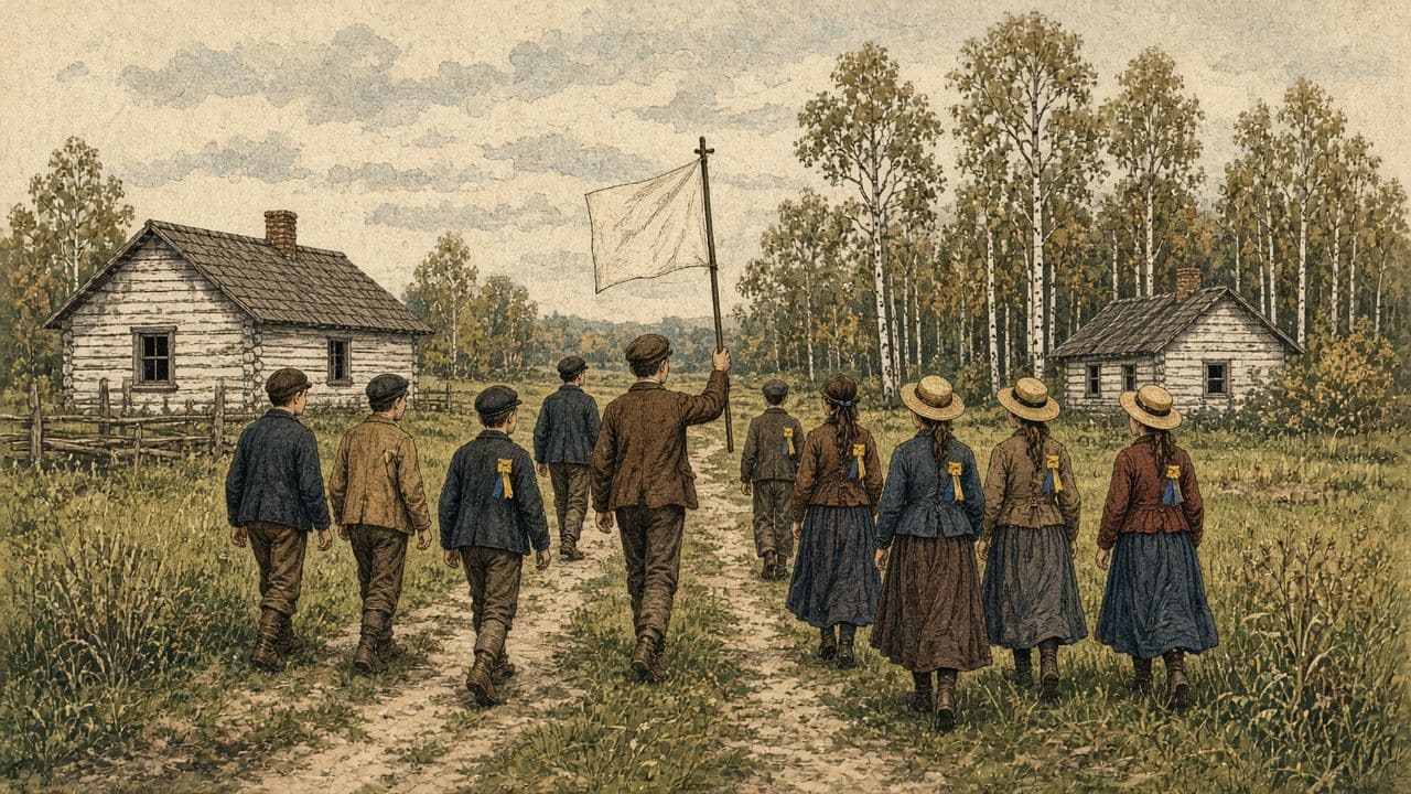 Young people seen from behind march on a country road wearing yellow and blue ribbons.