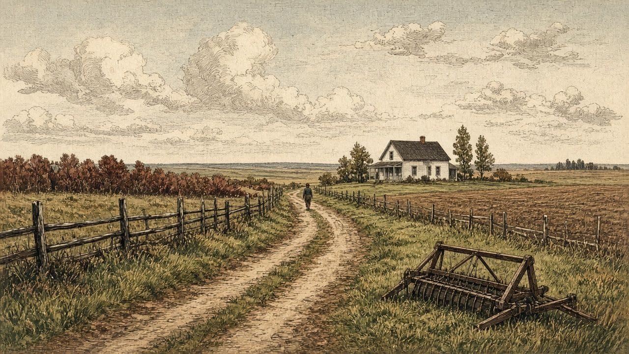 A distant tiny figure walks a farm lane; a spike-tooth harrow sits in the foreground.