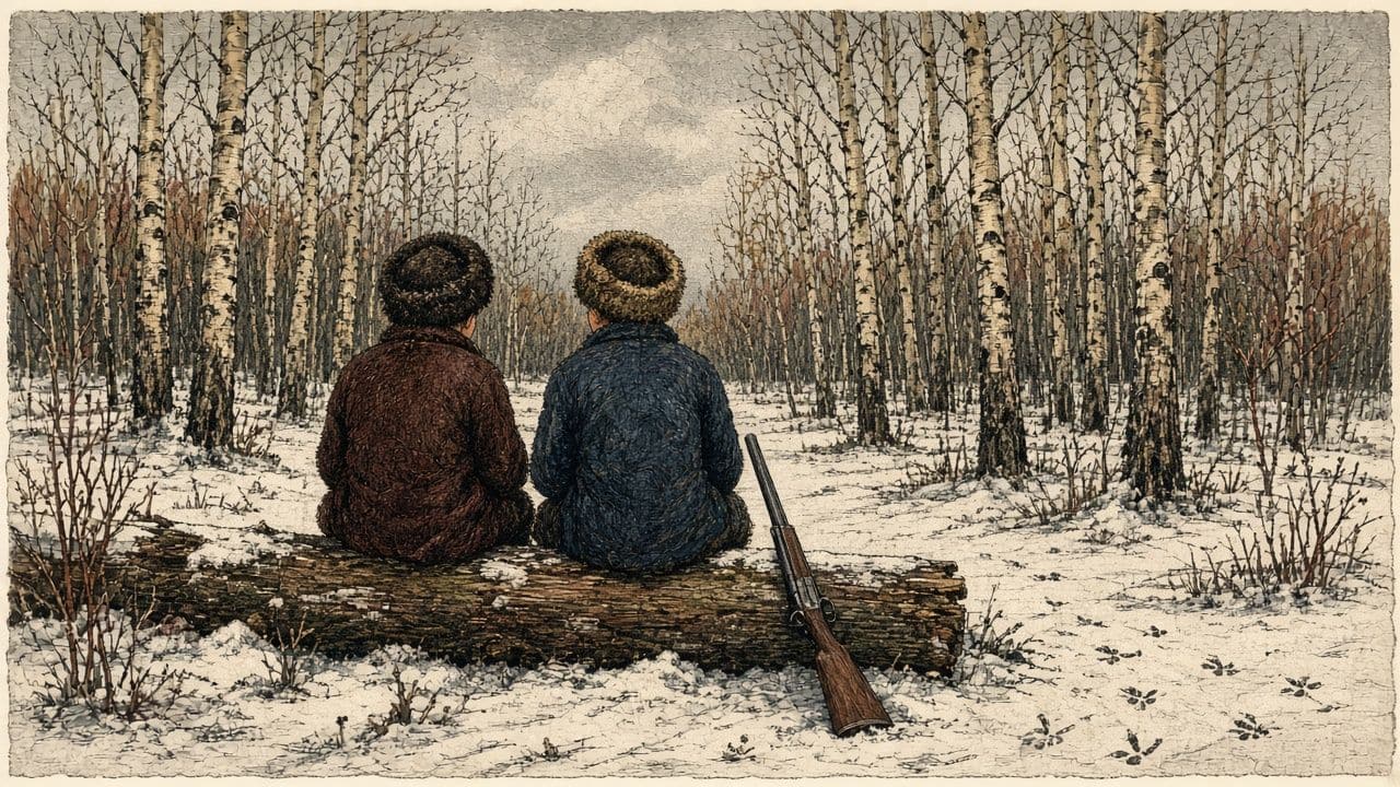 Two youths seen from behind rest in snowy bush as a shotgun butt slips off a log. No injury is shown.