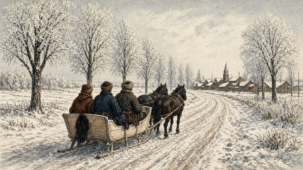 A horse-drawn cutter on a snow road, the passengers bundled and seen from behind.