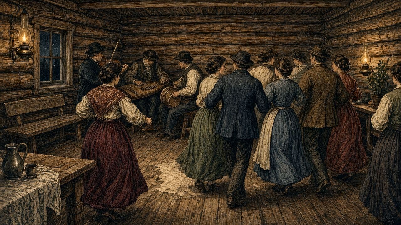 A crowded house dance with a violin, a dulcimer, and a drum; faces are turned away.