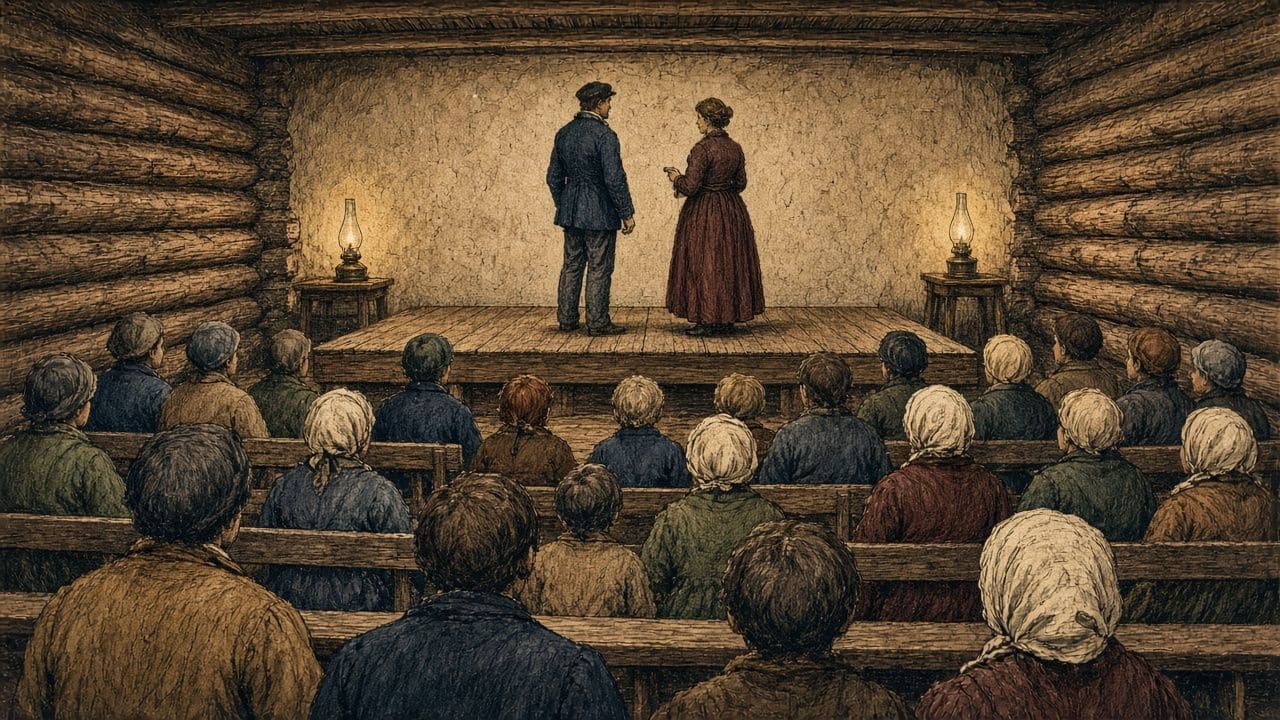 A cramped log school with a low stage and an audience seen from behind.