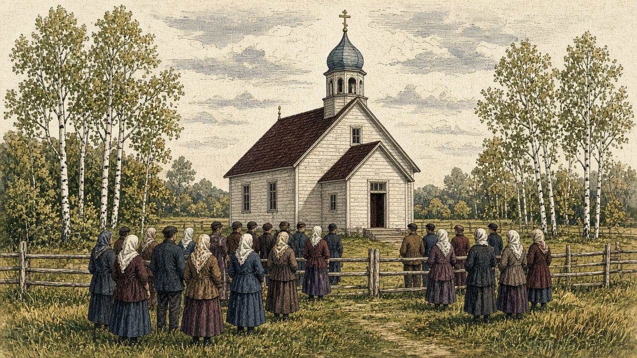 People seen from behind gather outside a small wooden church with one dome.