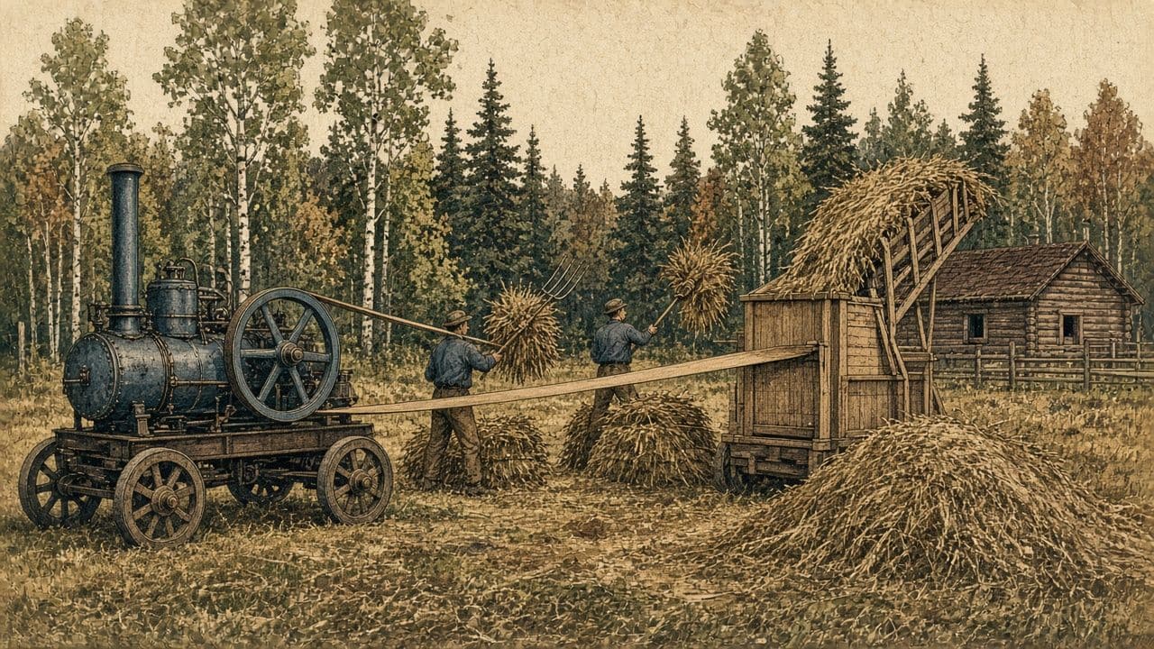 A portable steam engine drives a wooden threshing separator while men, seen from behind, pitch sheaves.
