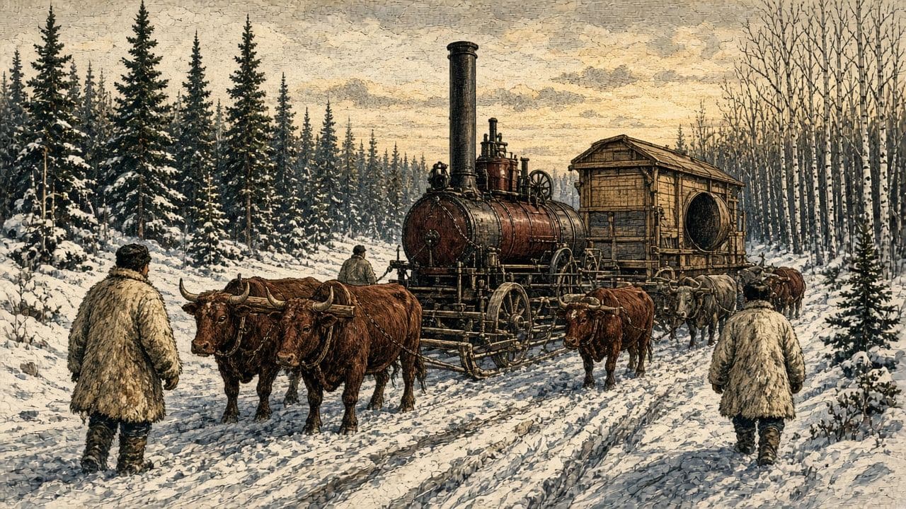 Several ox teams haul a steam engine and a wooden separator along a snowy bush trail.