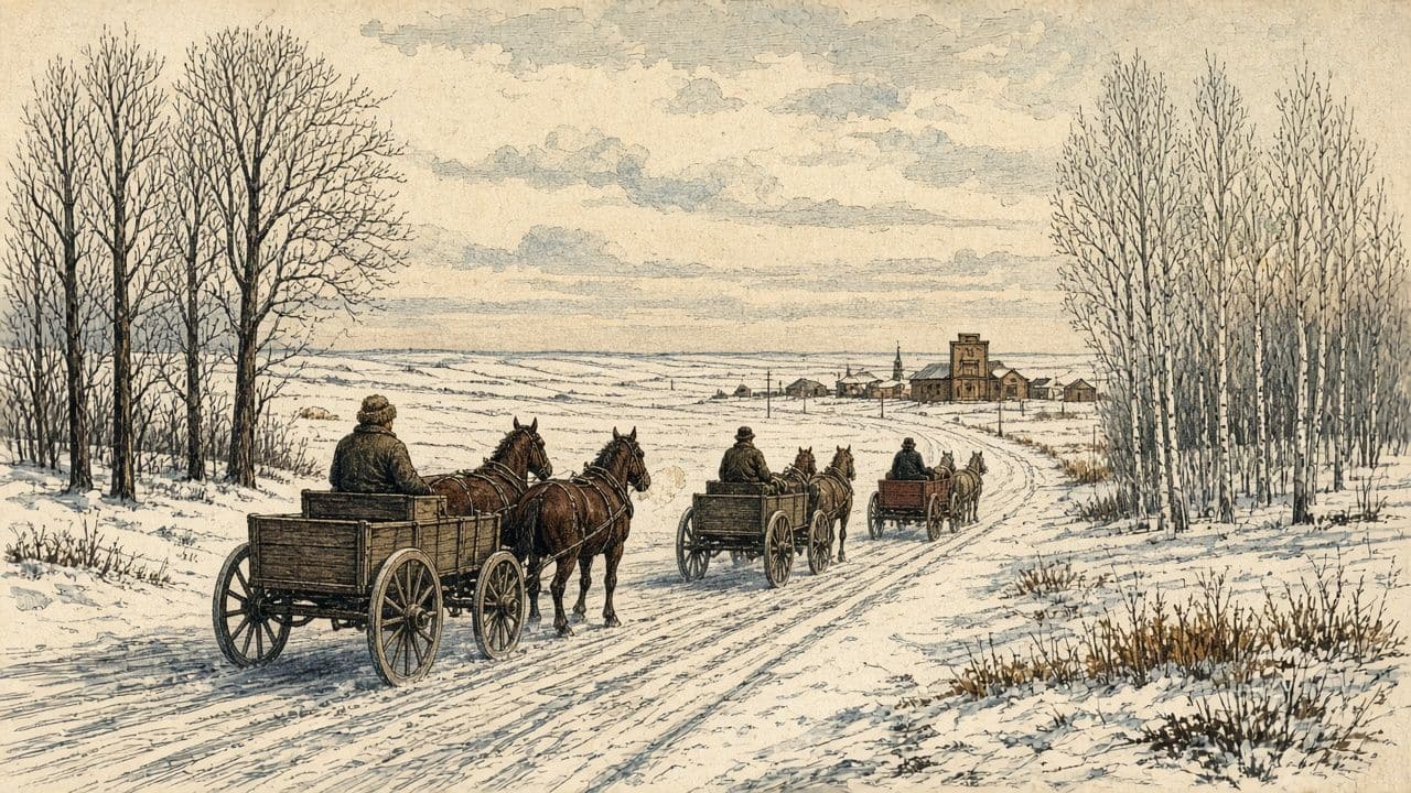 Horse-drawn wagons travel a frosty snow road toward a small wooden village.