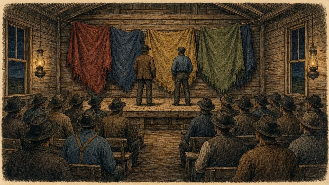 A makeshift stage whose walls are coloured blankets, with the audience seen from behind.