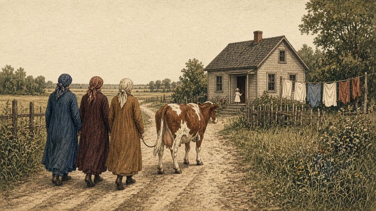 Three women seen from behind lead a milk cow toward a small house.