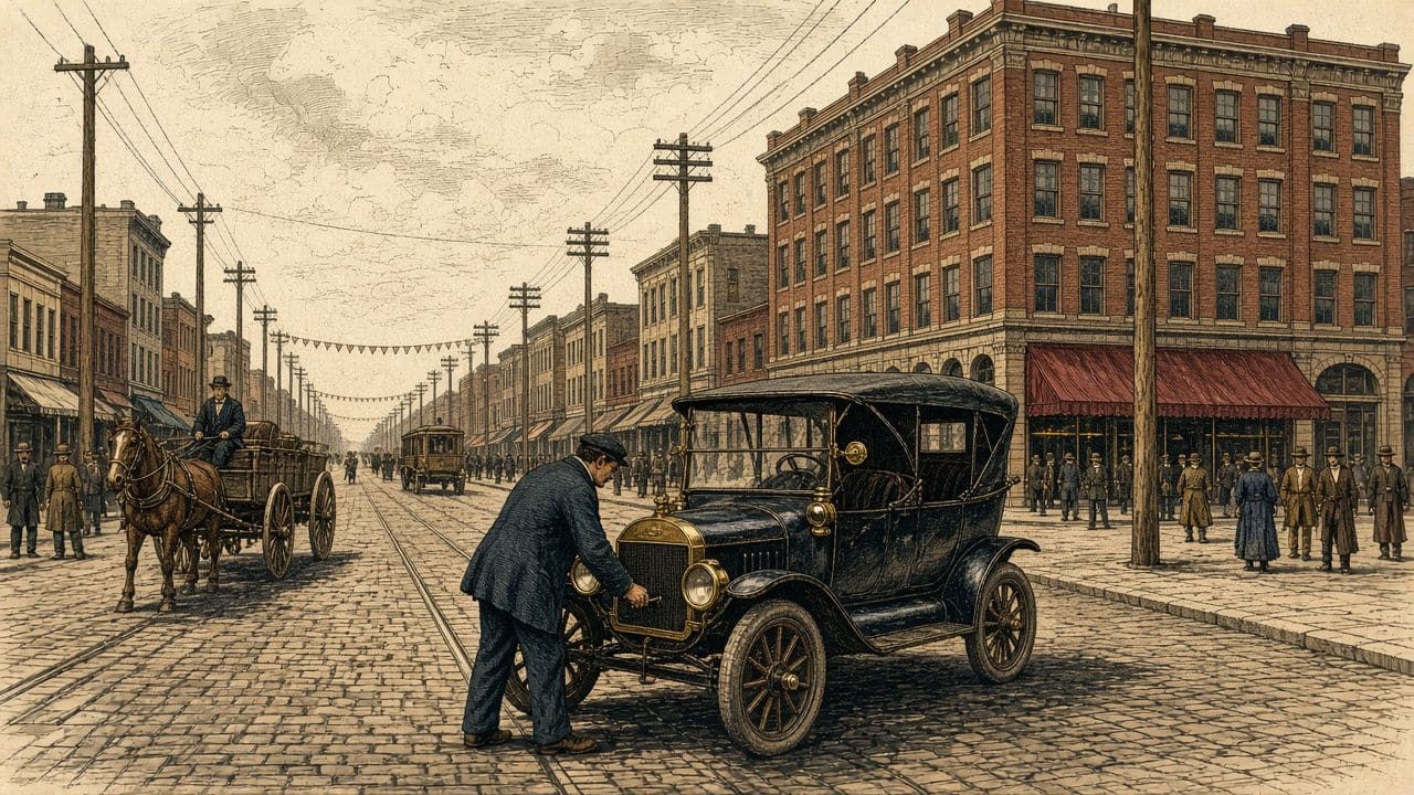 A man seen from behind cranks a brass-era Model T on a 1914 Winnipeg avenue with streetcars and horses.