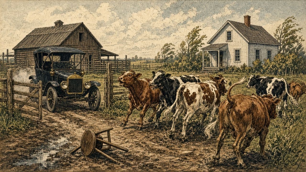 Cattle shy away as a brass-era Model T enters a muddy farmyard.
