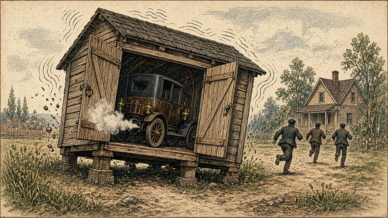 A wooden shed on blocks shakes while a Model T runs inside; men run toward it, seen from behind.