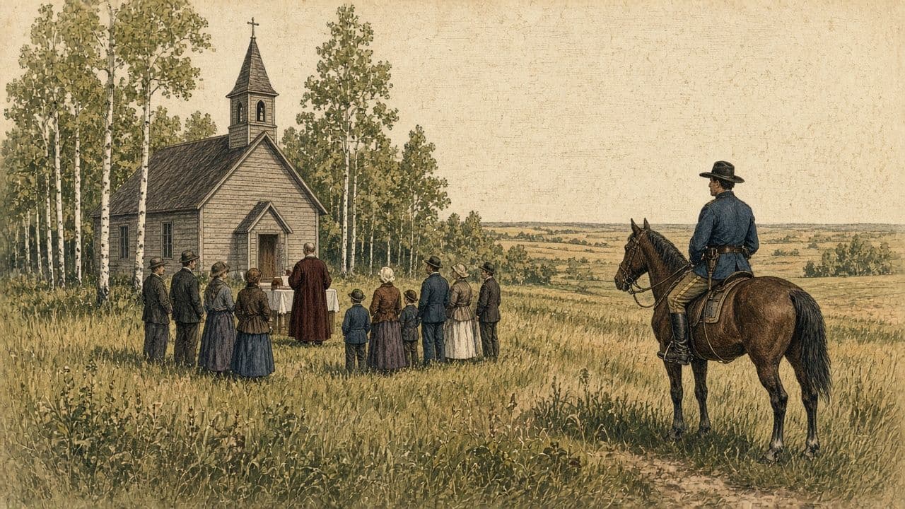 From a distance, a mounted policeman approaches an outdoor church gathering; everyone is small and faces are hidden.