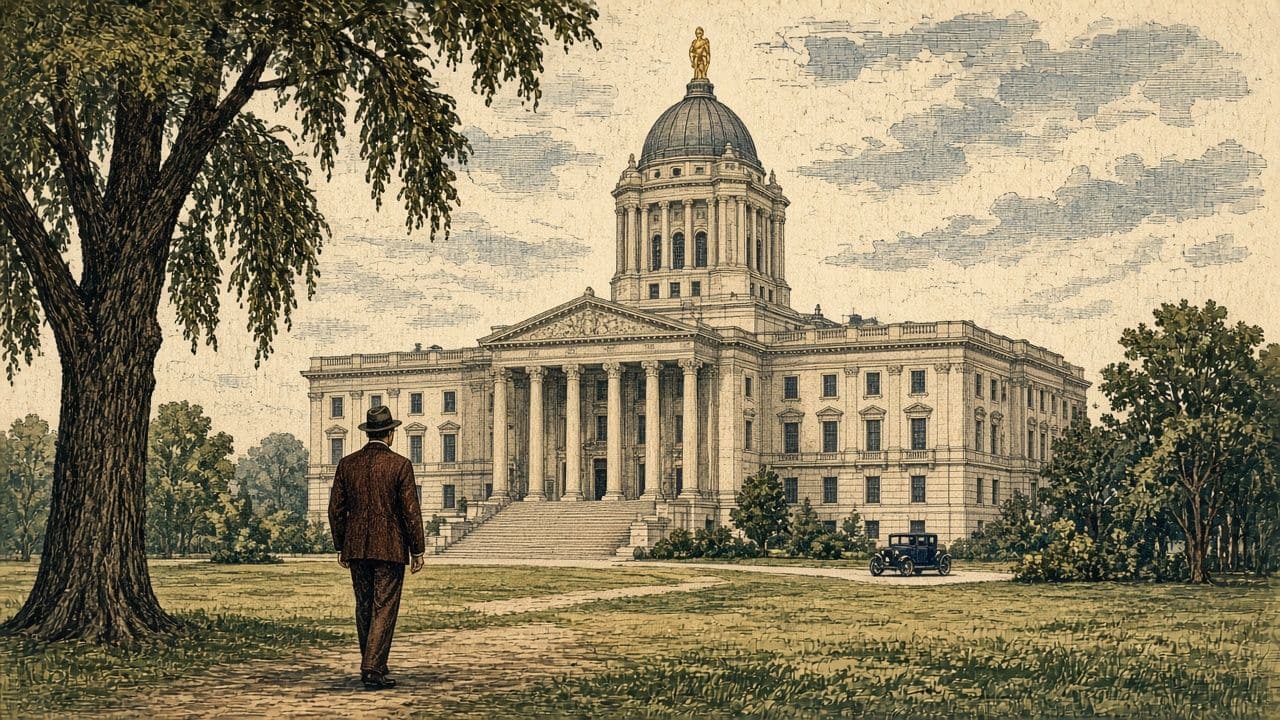 A man seen from behind walks toward the domed Manitoba Legislative Building in the early 1920s.