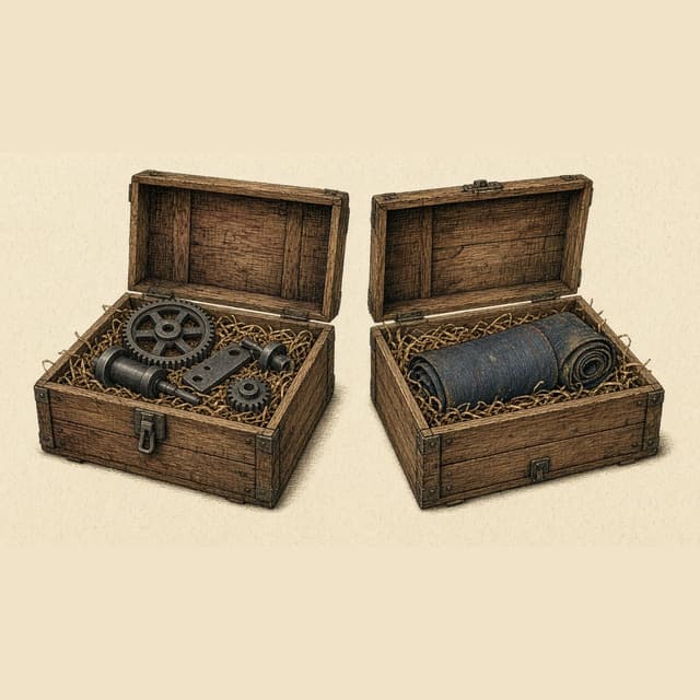 Open wooden crates holding unlabelled parts of a grain binder.