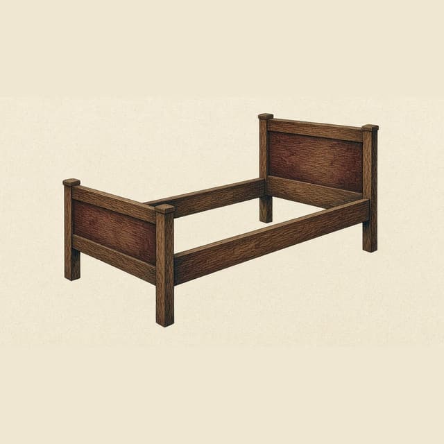A plain wooden bedstead.