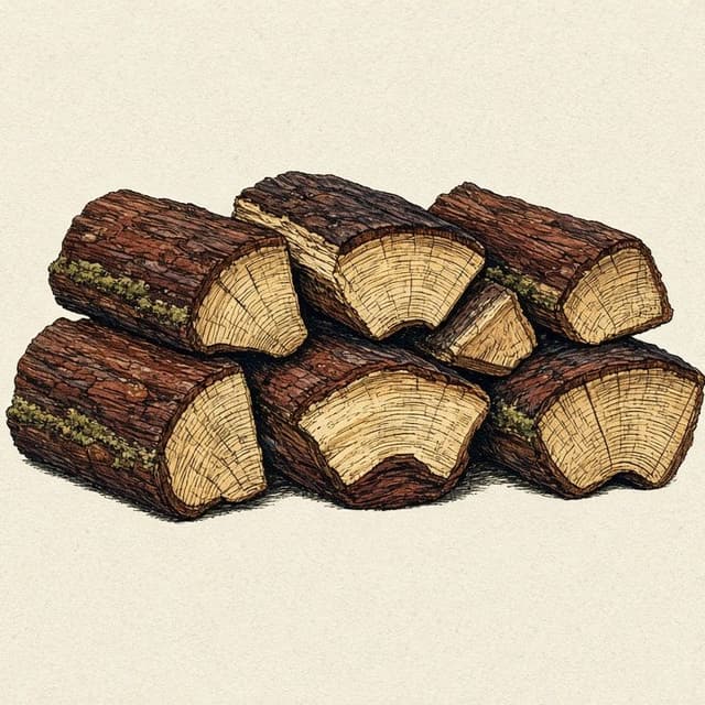 A stack of split tamarack firewood.